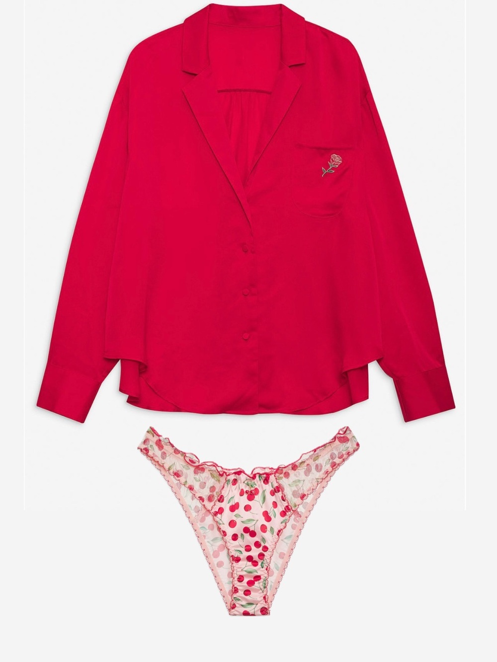 For Love And Lemons Red Satin Everyday Pajama Shirt with Cherry-Print Panty Set